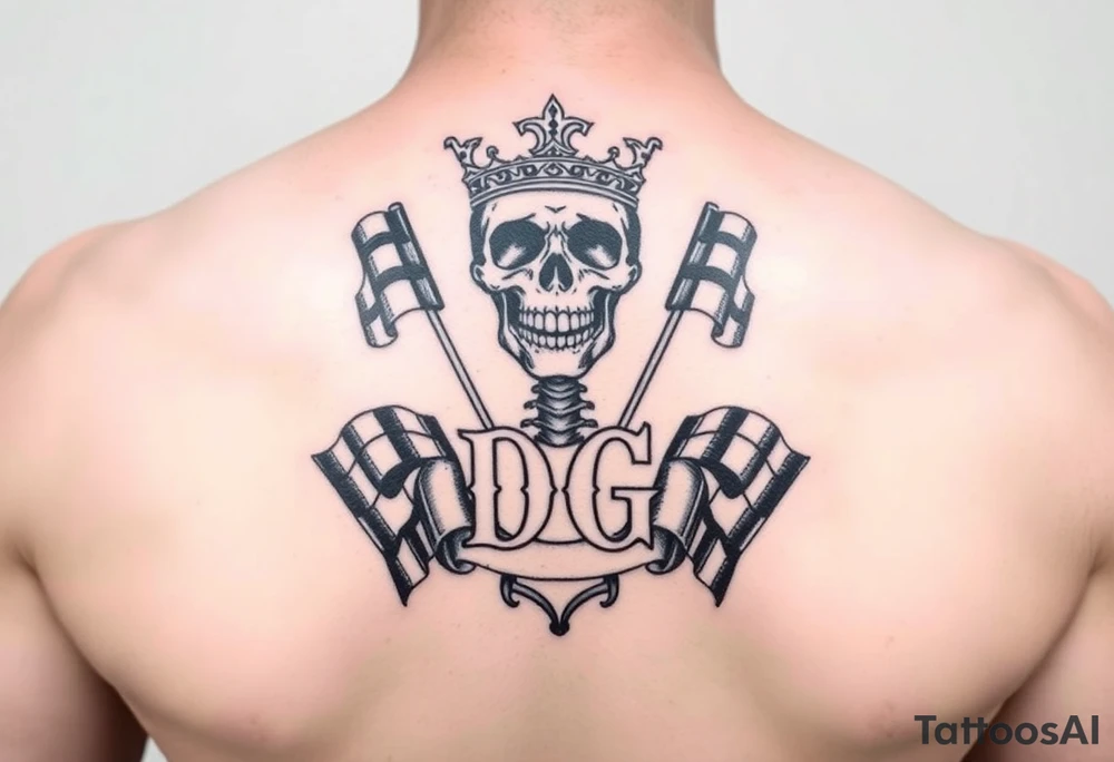 Skeleton wearing crown initials DG with racing flags tattoo idea