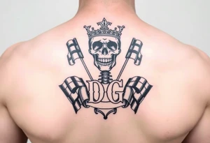 Skeleton wearing crown initials DG with racing flags tattoo idea