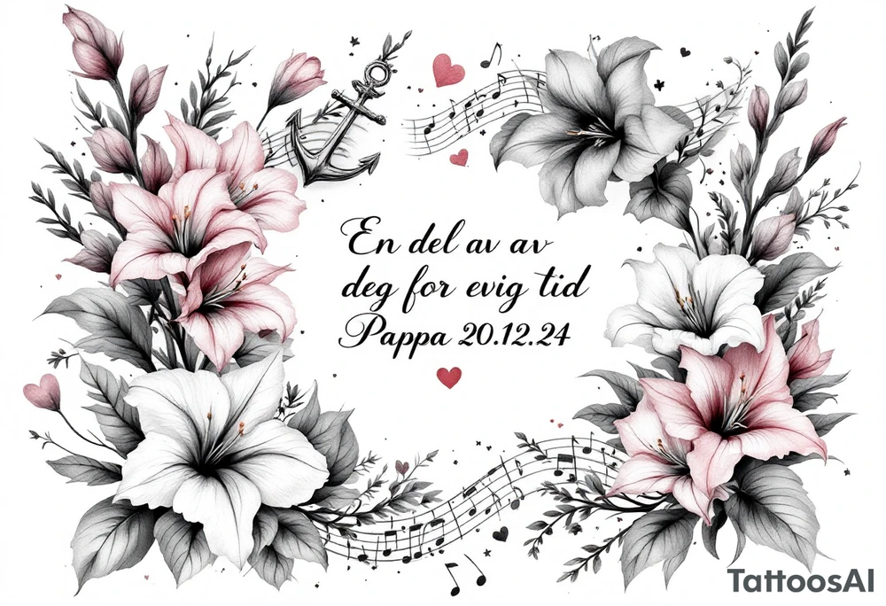 «En del av deg for evig tid
Pappa 20.12.24» Surrounded by long gladiolus, hearts, notes and an anchor tattoo idea