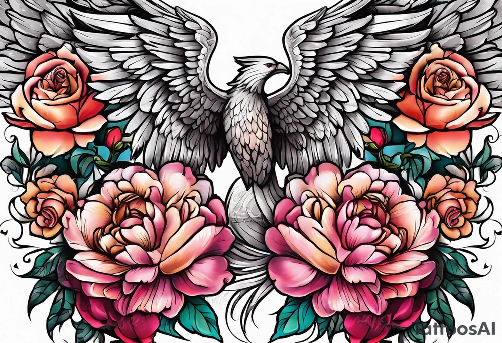 beautiful angel wings with floral peonies, roses, neon, brightly colored. highly detailed, tattoo idea