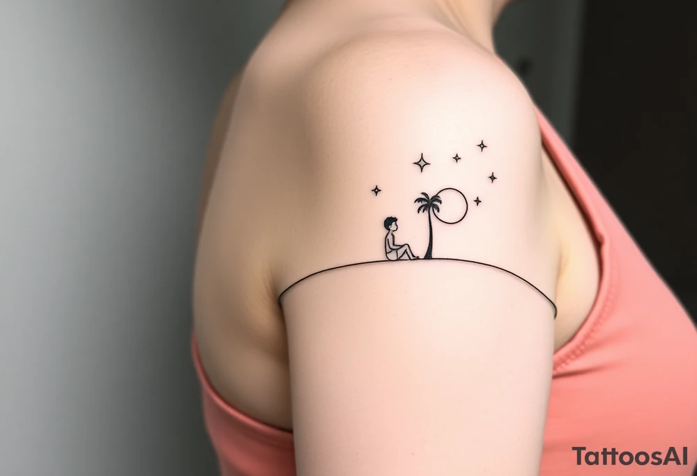 Create a minimalist tattoo design that wraps around the upper right arm, just below the armpit and above an existing blackwork sleeve.

Design Flow:

The tattoo is connected by a thin, continuous line that wraps around the arm.

On the outer/front arm, place a small, minimal walking figure on the line, moving forward. The line should have a gentle wave under his steps to create movement.

The line continues to the inner arm, where a boy is sitting on the line (with his back to the viewer, legs dangling below the line).

To the right of the boy, place a slightly leaning palm tree growing from the line.

Behind or beside the tree, include a minimal sun, low on the horizon (simple circle or half-sun).

In the space above, softly scatter minimalist stars, mostly dots, with 2–3 sparkles or tiny diamond shapes.

Style Notes:

Keep everything in fine line / minimalist style, no heavy shading

Design should feel light, dreamy, and reflective — symbolizing balance between stillness and motion

Line should echo the flow of the existing tribal/blackwork arm band below, but not mimic or clash with it tattoo idea