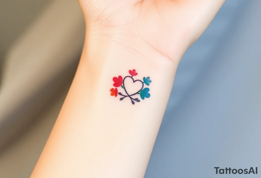 Design a very small (max 2x2 cm) tattoo for the inner wrist that subtly symbolizes lesbian identity. It should be minimal and delicate — possibly fine line or soft color. The design must be discreet yet meaningful, not instantly recognizable as LGBTQ but with layered symbolism. Think of subtle elements like intertwined female symbols, abstract sapphic references, or a hidden double meaning through nature (e.g. flowers, moons, triangles). Avoid clichés or bold pride imagery. Keep it elegant, wearable, and intimate tattoo idea