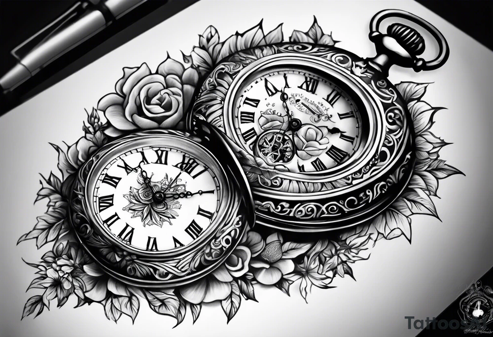 pocket watch on back hand tattoo idea