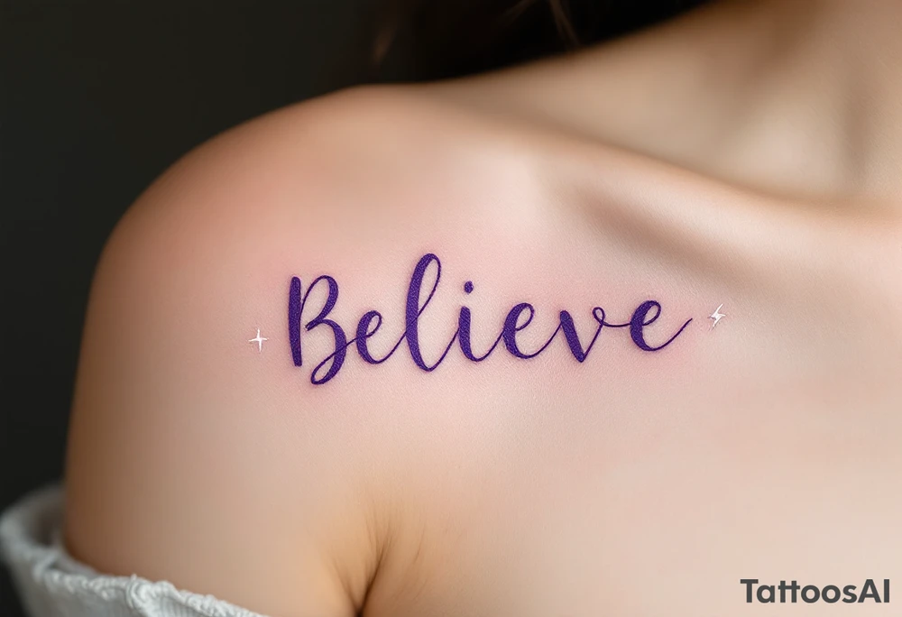 The word "Believe" in purple, with subtle lightning bolts in white surrounding it, signifying power and inspiration. tattoo idea