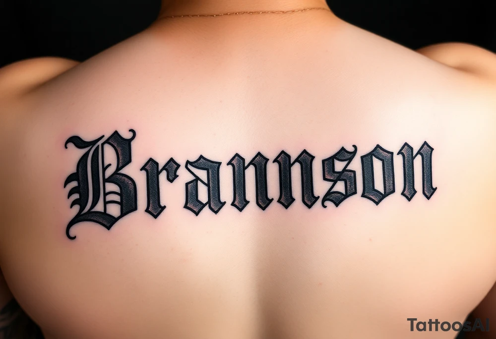 Old English lettering with red bandana accents spelling Brannon tattoo idea