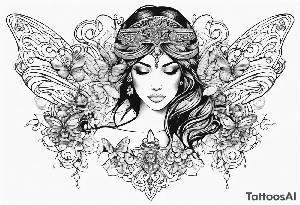 Ethnic ángel with butterflies tattoo idea