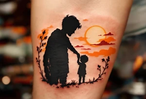 A black and grey silhouette of a father holding his son's hand at sunset, with soft orange and gold hues in the background. tattoo idea