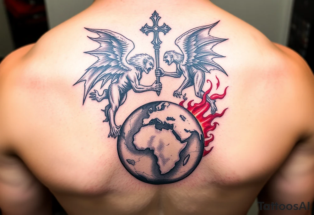Heaven and hell fighting each other on earth tattoo idea