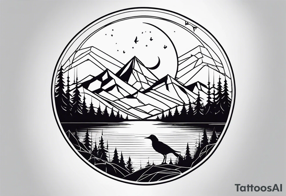 Geometric nature tattoo with moutains, lake, forest, birds and a moon. Tattoo needs to be the size of a forearm. tattoo idea