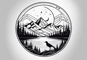 Geometric nature tattoo with moutains, lake, forest, birds and a moon. Tattoo needs to be the size of a forearm. tattoo idea