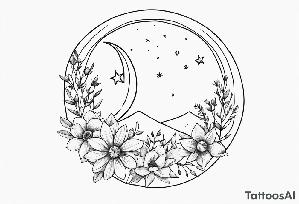 Étoile lune fleur avec prénoms Timoté Valentin Clémentine tattoo idea