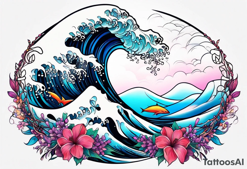 ocean wave surrounded by lupin and fireweed vines tattoo idea