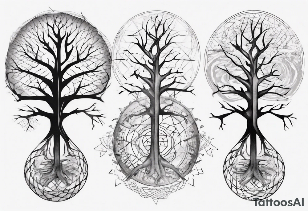 Tree with no leaves with it's main trunk main of DNA with geometic work on sides tattoo idea