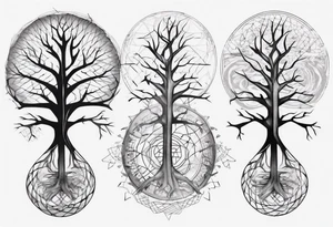 Tree with no leaves with it's main trunk main of DNA with geometic work on sides tattoo idea