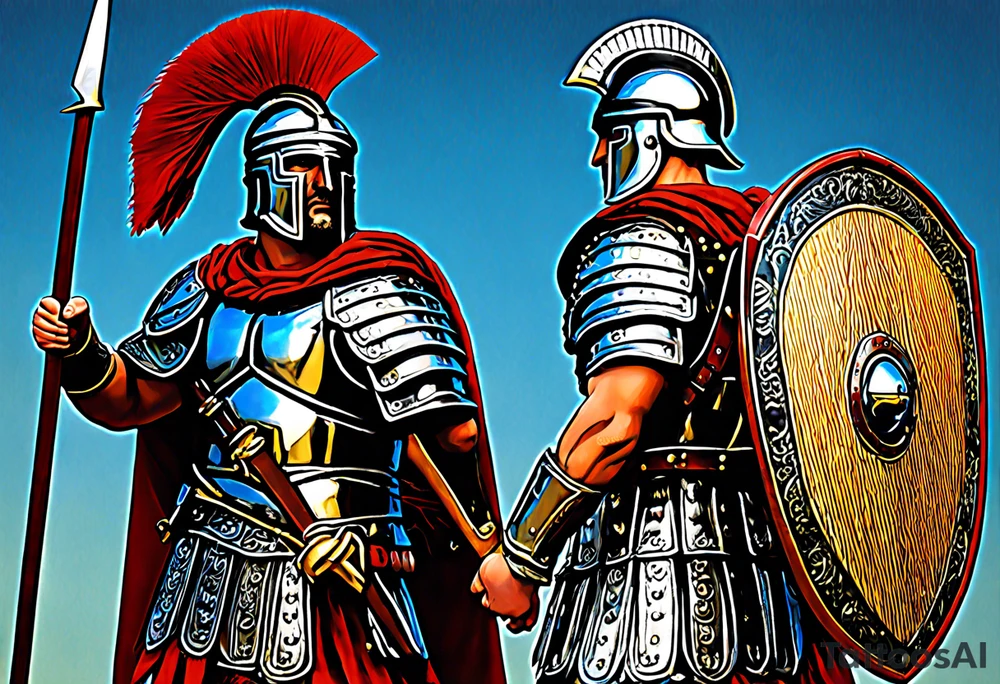 a high ranking roman centurion, soldier, AD 60, wearing armour which must include an armoured belt, breastplate, armoured shoes, shield, helmet and sword. the soldier is strong, tall, large, fit, muscular. the soldier is faceless. We can see the full body of the centurion, from his shoes to his helmet. The soldier is mid-battle, fending off flaming arrows with his shield, advancing towards the enemy, attacking the enemy. attacking pose. The image should be extremely detailed. Need to see the full soldier. tattoo idea