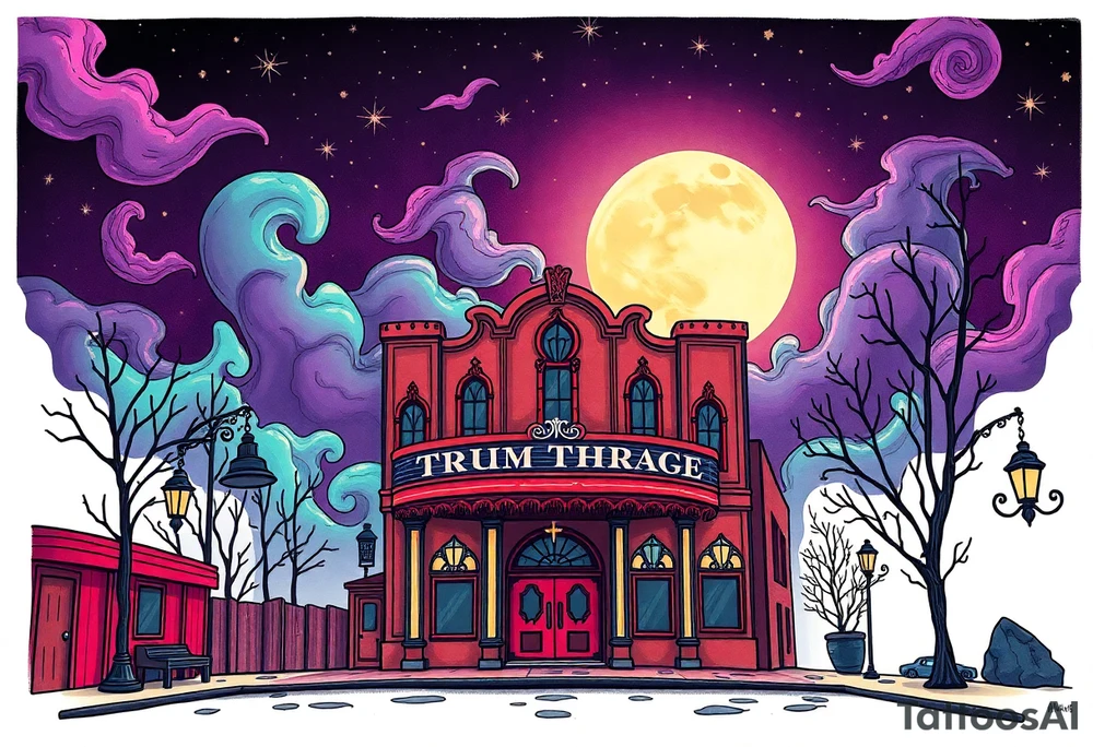 Tim Burton’s famous theatre from outside view is the street abandoned and dripping with muted reds, dusty pinks, and eerie green glow purple and cyan smokey clouds swirl and dance in the moonlit night sky filled with twinkling stars  tattoo idea tattoo idea