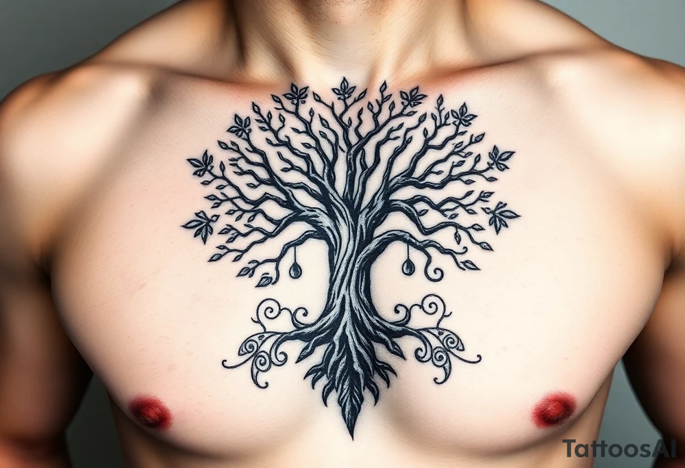 Detailed tree of life tree with designs around it tattoo idea