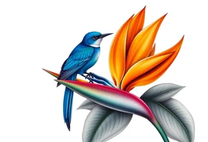 Bird of paradise flower with blue bird tattoo idea