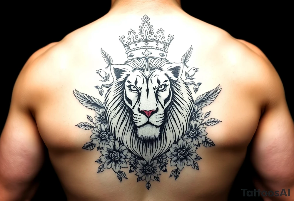 powerful majestic lion with a crown, surrounded by floral ornaments and birds tattoo idea
