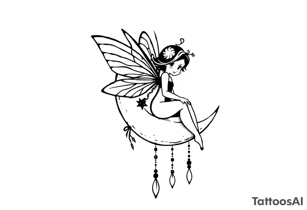 Solid black design. Fairy sitting on moon with dangles tattoo idea