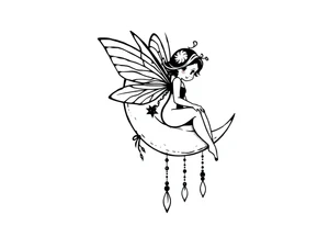 Solid black design. Fairy sitting on moon with dangles tattoo idea