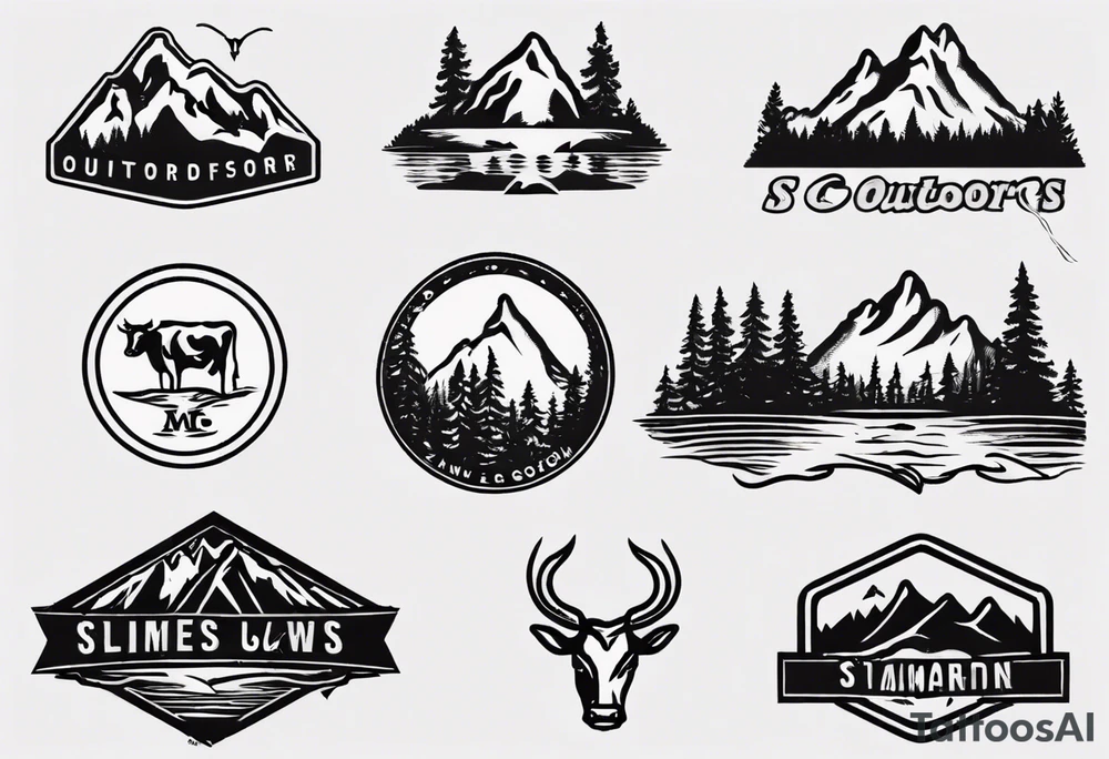 A logo for an outdoors company that includes an "S" and an "M". Includes a mountain, a lake, some trees, and a cow tattoo idea