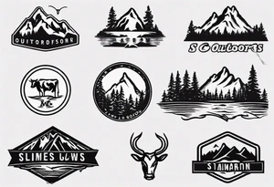 A logo for an outdoors company that includes an "S" and an "M". Includes a mountain, a lake, some trees, and a cow tattoo idea