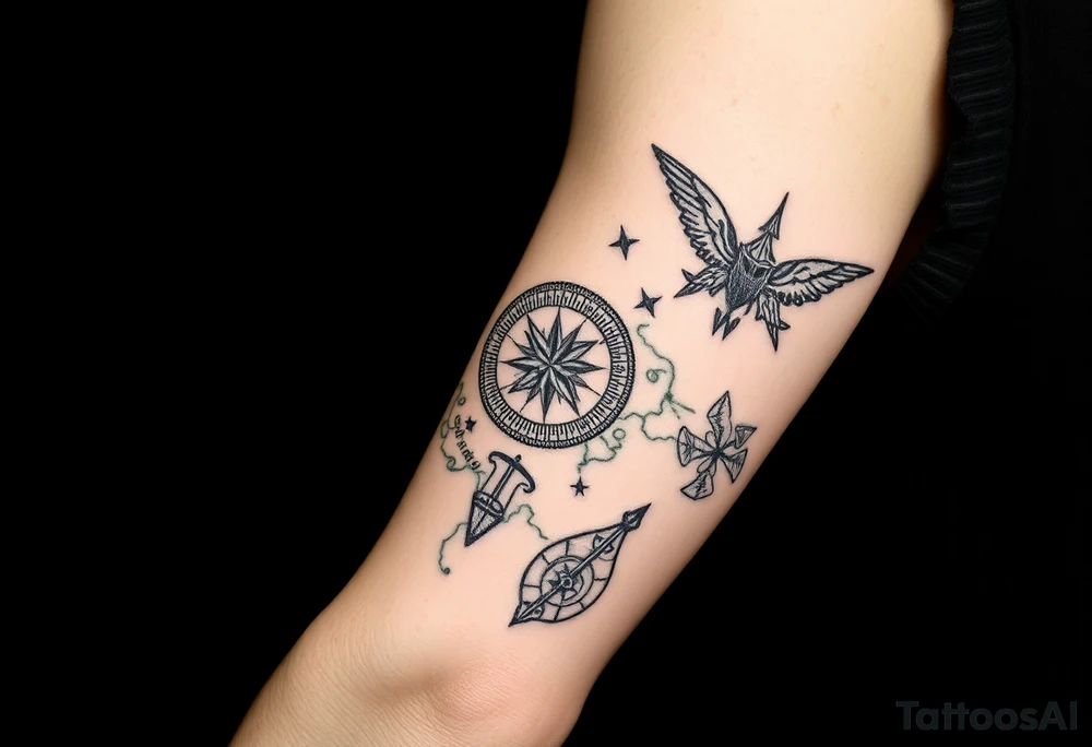 Uncharted 4 sleeve including the designs of the ring, decoder, birds, map, and compass with the words sic parvis magna. tattoo idea