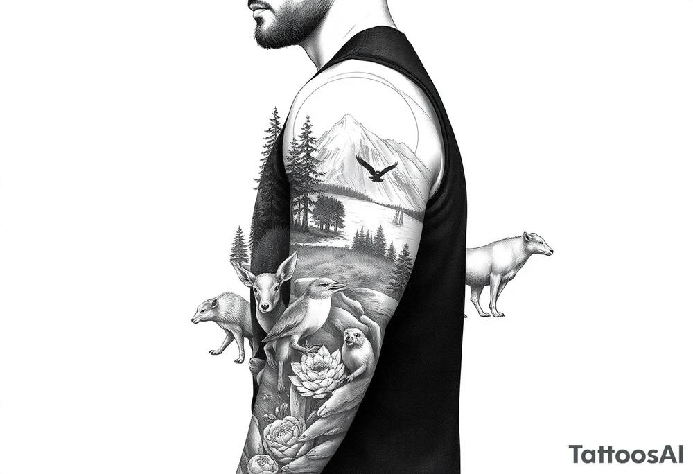 Create a scenic nature half sleeve for a man. Add lots of details including animals. tattoo idea