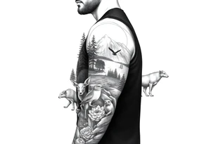 Create a scenic nature half sleeve for a man. Add lots of details including animals. tattoo idea