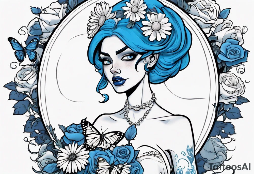 character Emily from the film corps bride. she is wearing a wedding dress. the vail on her head. she is holding a bouquet of blue roses in the middle of the bouquet  there is one white daisy. there is a Blue Morpho butterfly flying above the white daisy. A full moon on the background. tattoo idea