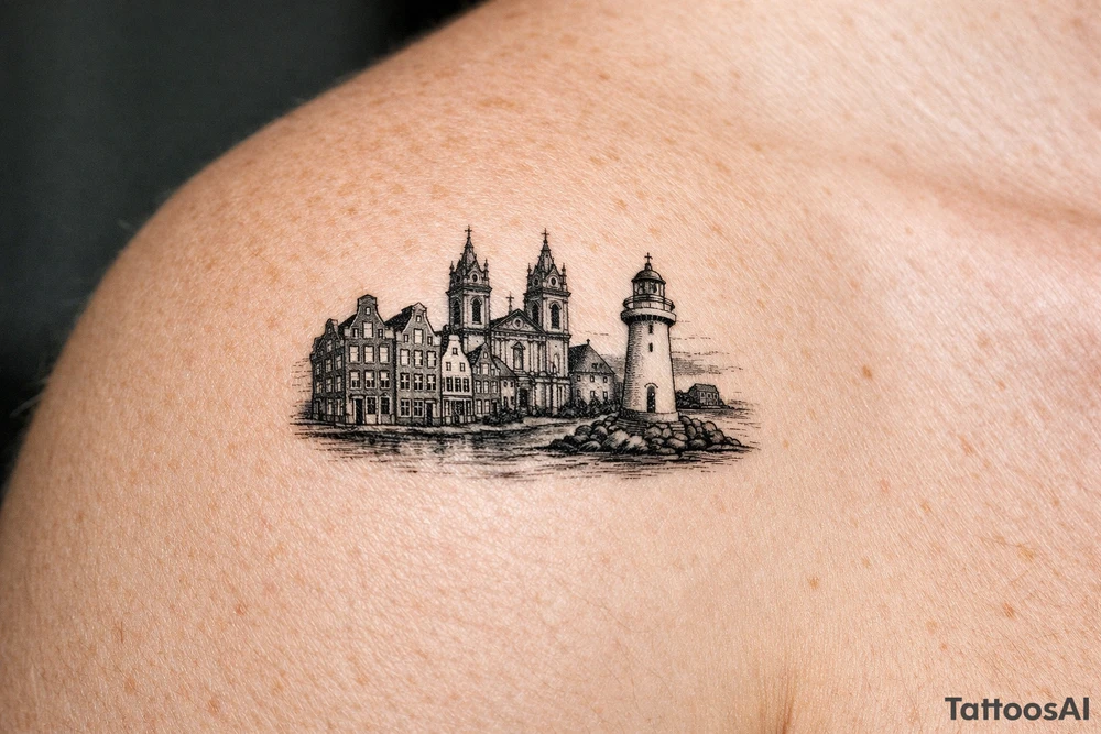 Cityscape silhouette of Amsterdam canal houses and Braga cathedral, with New Brighton lighthouse. tattoo idea