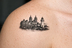 Cityscape silhouette of Amsterdam canal houses and Braga cathedral, with New Brighton lighthouse. tattoo idea