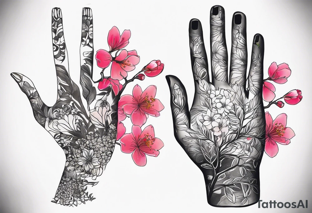 Alright, let's dive into more intricate details for the AI to capture your tattoo vision:

1. Start by meticulously drawing a human hand pointing at a skeleton hand on your left shoulder, ensuring the hands are anatomically correct and well-defined.
2. From the wrist of the human hand, delicately sketch a cherry blossom branch emerging, paying attention to the intricate details of the blossoms and branches.
3. Guide the branch to elegantly travel down your arm, following a natural curve and wrapping around the bicep with realistic twists and turns.
4. Skillfully narrow down the branch to fit through a 7 cm gap on your forearm, maintaining the grace of the cherry blossom design.
5. Finally, lead the branch to its conclusion in a 10 cm gap on your wrist, adding additional blossom elements to complete the tattoo with finesse.

By providing these detailed instructions, the AI will be able to capture the complexity and beauty of your tattoo concept accurately. tattoo idea