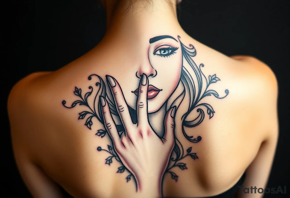 Mosaic style woman’s face with a hand around her throat tattoo idea