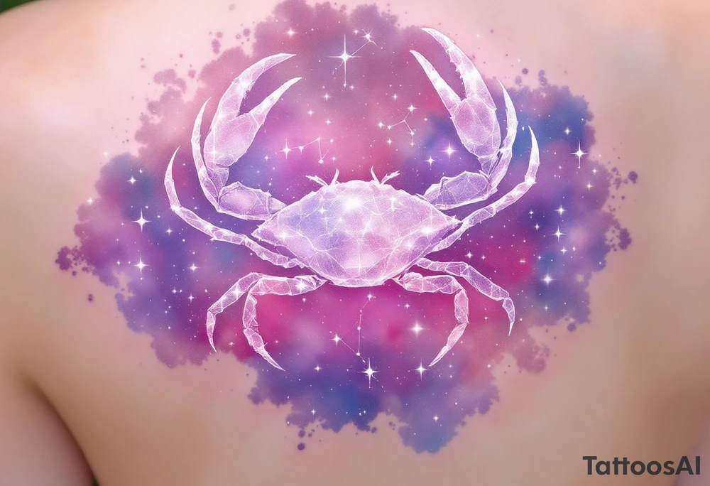 A pale crab silhouette floats within an ethereal pink and violet galaxy containing the Cancer stars constellation. tattoo idea