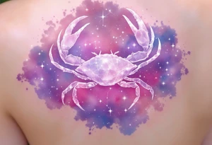 A pale crab silhouette floats within an ethereal pink and violet galaxy containing the Cancer stars constellation. tattoo idea