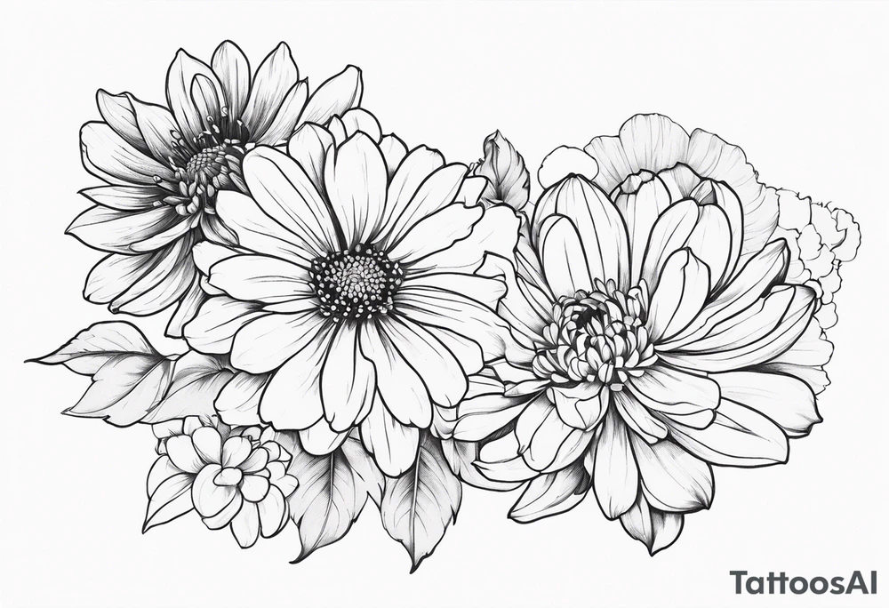 cosmos, chrysanthemums,and narcissus flowers tattoo idea