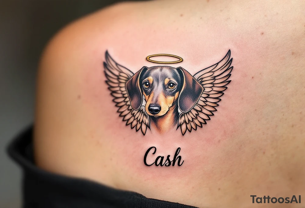 Dachshund ears between wings with a halo above and the name Cash tattoo idea