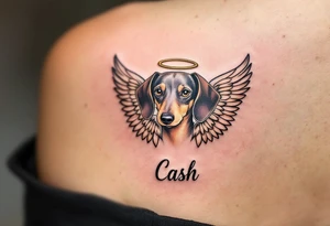 Dachshund ears between wings with a halo above and the name Cash tattoo idea