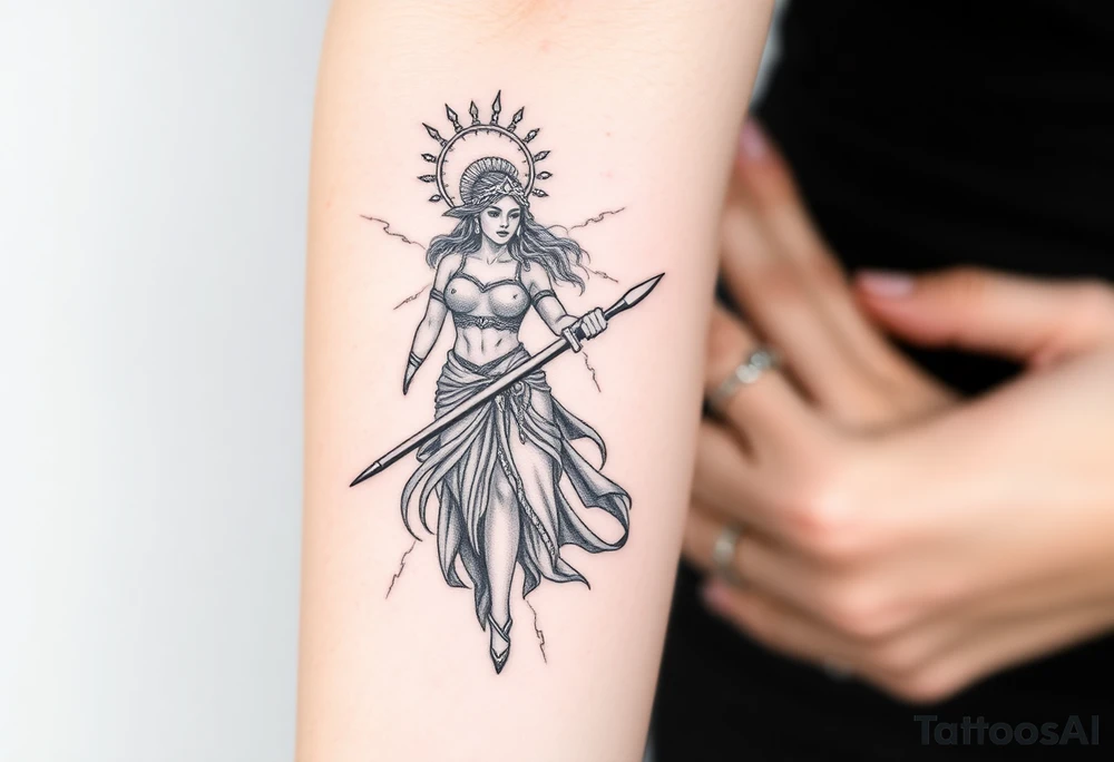 Greek goddess warrior with long dagger and realistic lighting bolts going around body Greek mythology style with dark shading tattoo idea