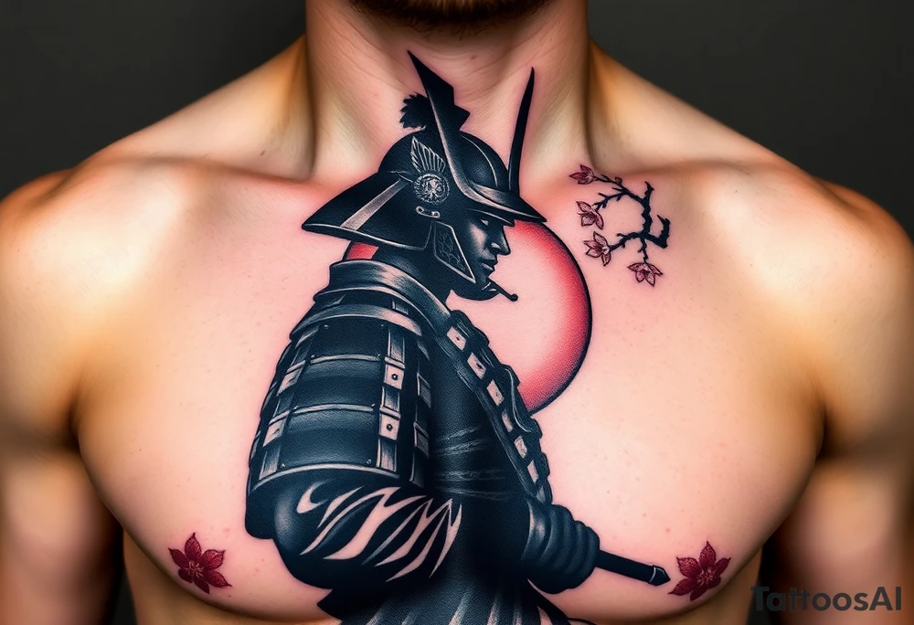 noble samurai warrior silhouette at sunset with cherry blossoms tattoo idea