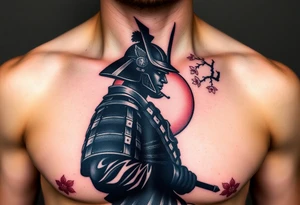 noble samurai warrior silhouette at sunset with cherry blossoms tattoo idea