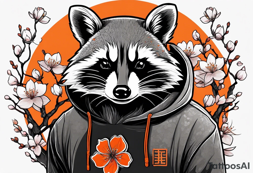 Raccoon wearing a white Superman logo on a black hoodie and orange Japanese cherry blossoms tattoo idea