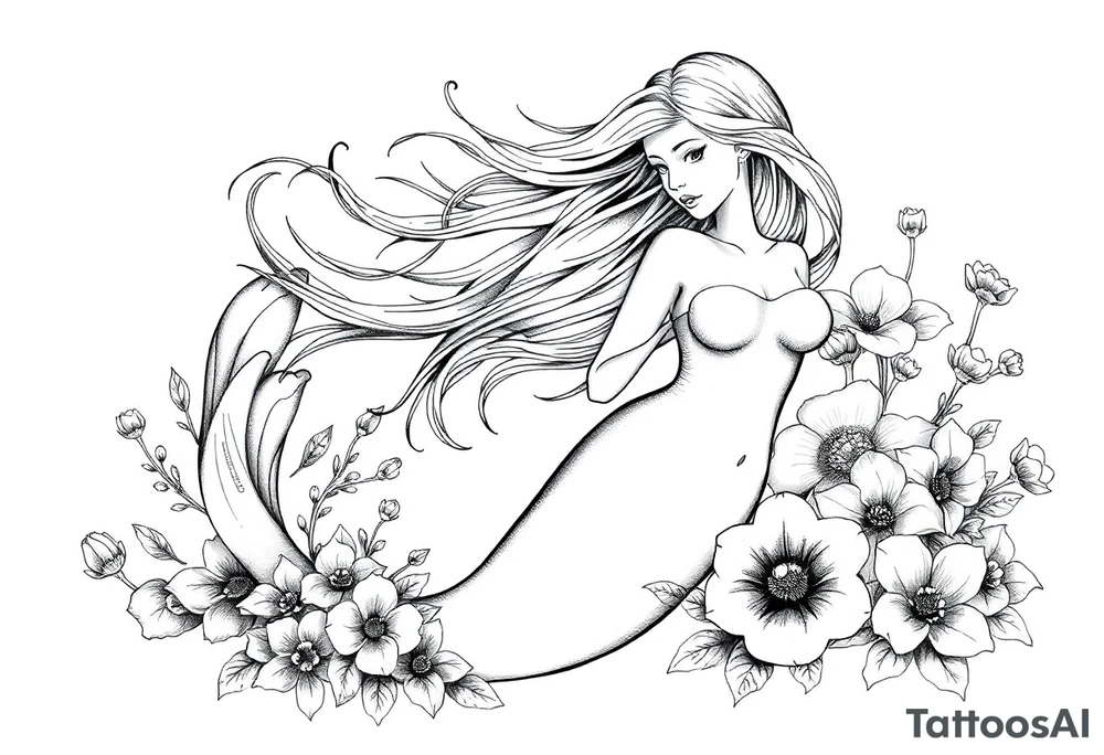 ethereal mermaid with flowing hair among coral and sea flowers tattoo idea