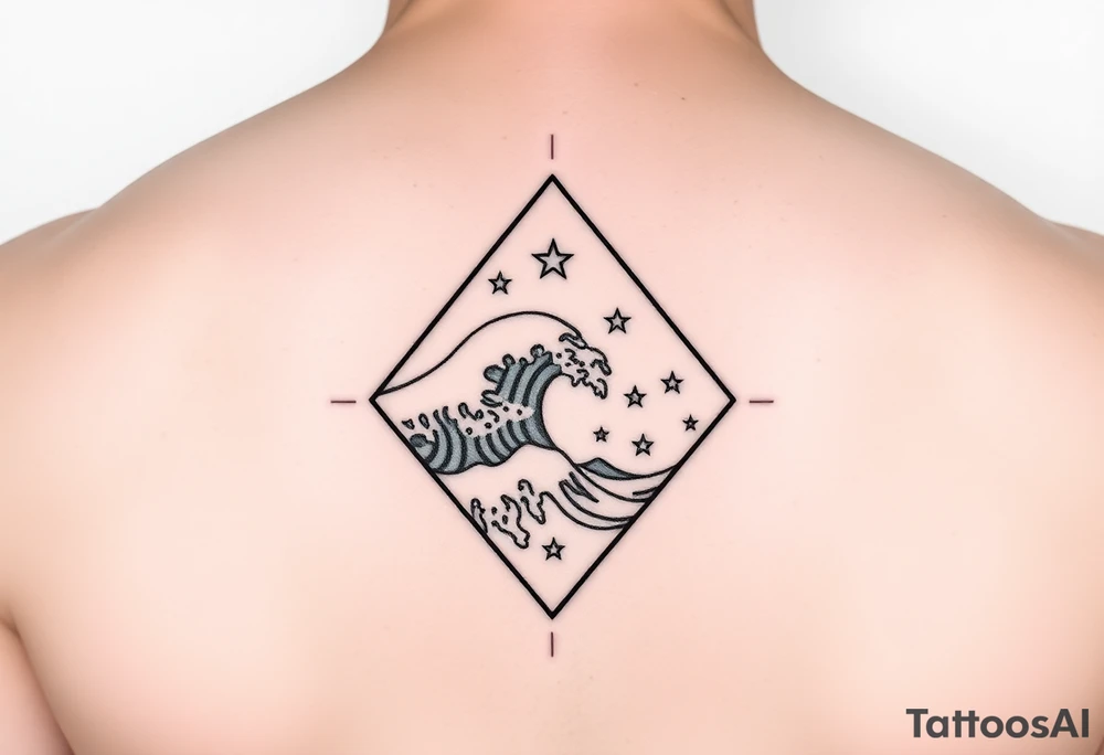 A powerful wave with stars inside of a elongated diamond tattoo idea