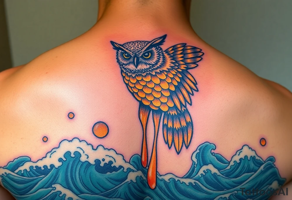 Honey comb, owl dripping honey over ocean scene tattoo idea