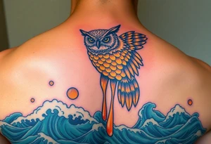 Honey comb, owl dripping honey over ocean scene tattoo idea