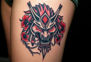 Rouge ronin with smoke coming out of its mouth with 11b tattooed under its left eye with 1 poppy on each side of the ronin tattoo idea