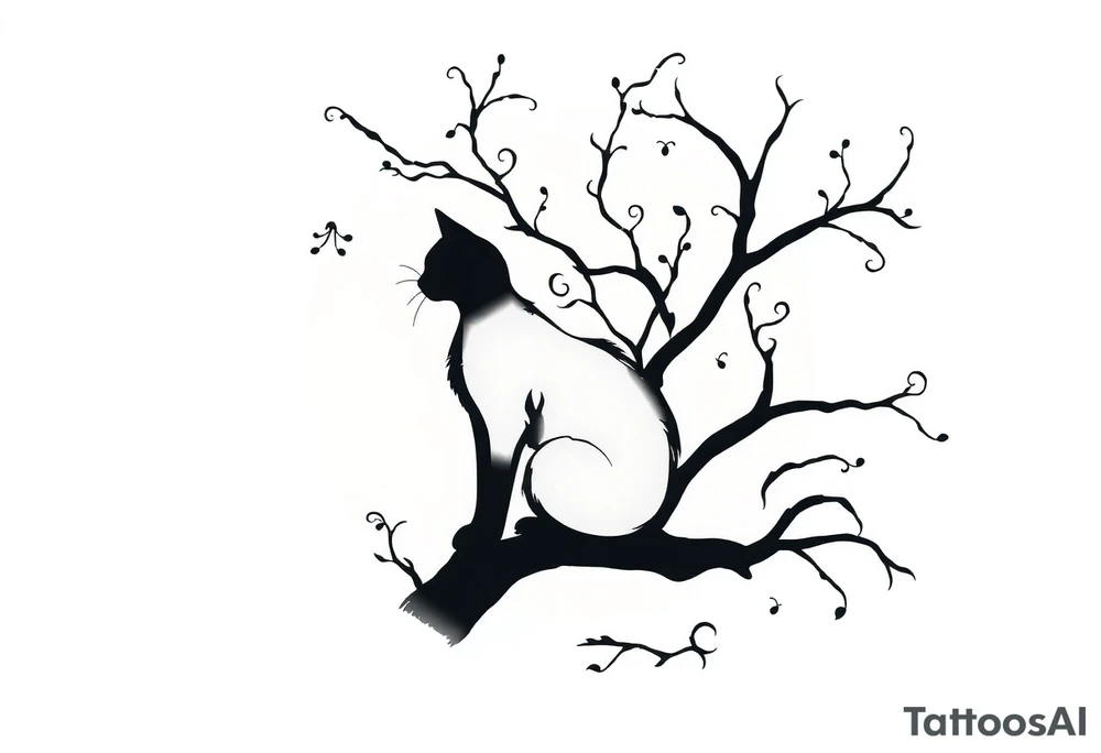 a cats sillhouette siting on a tree in the moon light tattoo idea